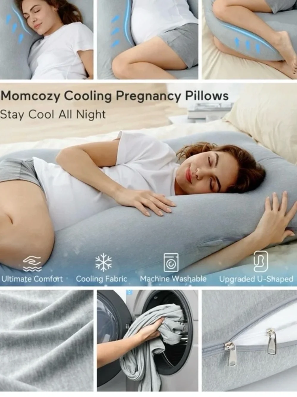 Momcozy U-shaped Cooling Body Pillow - Light Gray Full-Body Support